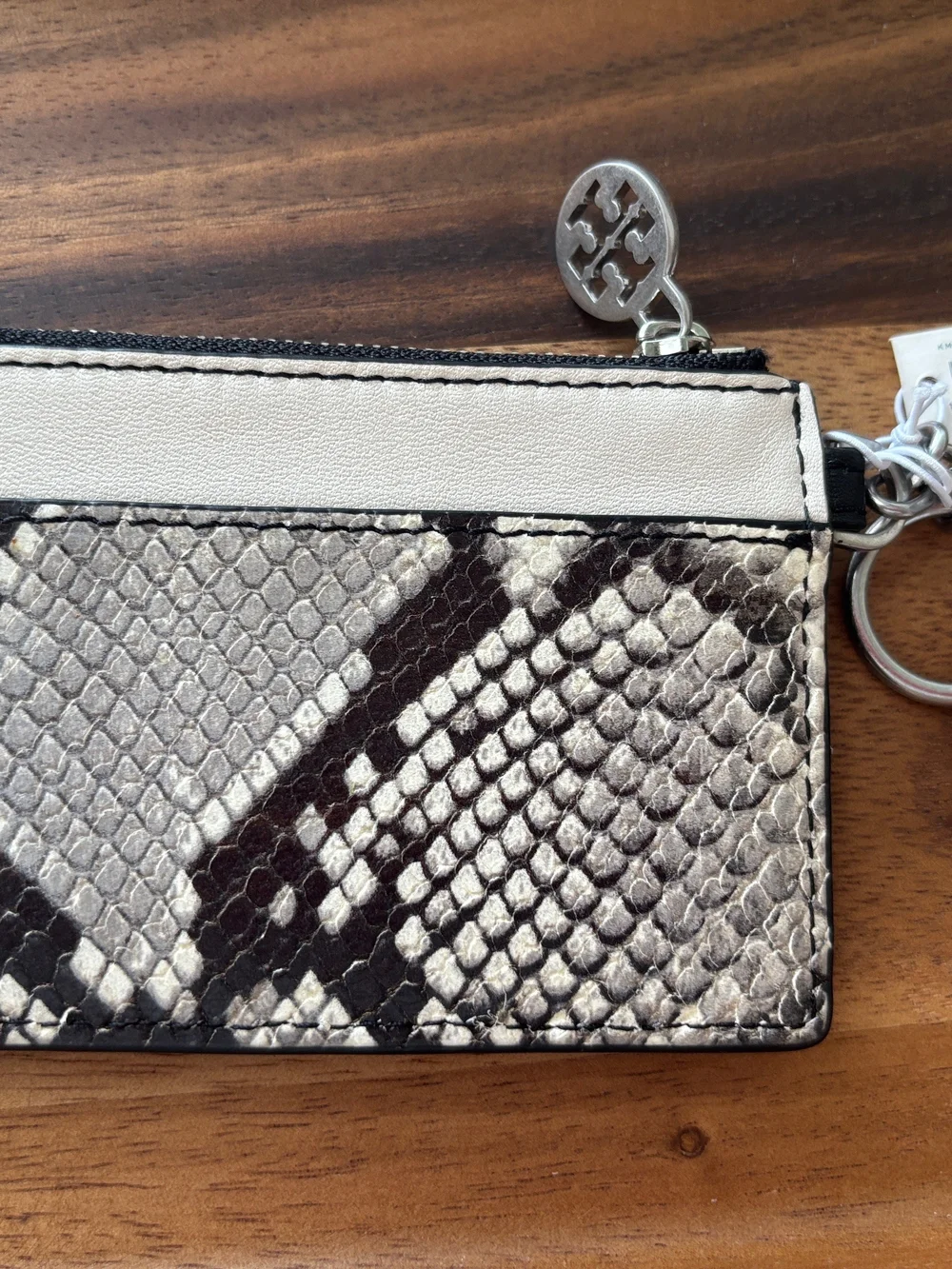 Tory Burch Snake-Print Leather Card Wallet with Key Ring - Black & White